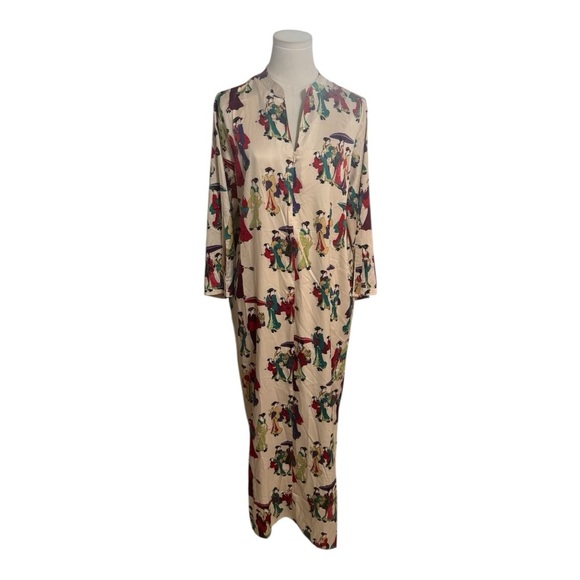 N Natori Geisha Printed Satin Zip Caftan Dress Size M Mandarin Soft Casual PJ’s - Picture 5 of 11
